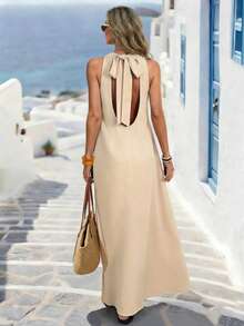 SHEIN Holidaya Women's Casual Backless Tie-Up Deep V-Neck High-Low Dress For Vacation - Beige - View 1