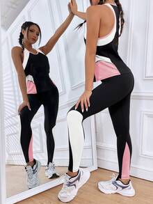 SHEIN Dewbera Women's Black And Pink Contrast Color Patchwork Camisole And Leggings Gym Workout Set,Summer Athleisure Activewear Curve 2 Piece Jogging Running Suit - Pink - View 2