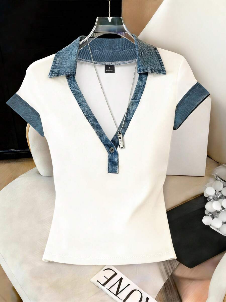 GlowEve Áo thun nữ dáng ôm, cổ bẻ, tay ngắn, kiểu dáng thường ngày. - trắng - Xem 1