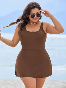 Swim Lushoire Plus Size Basic Square Neck One-Piece Swimsuit - Brown - View 7