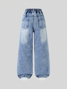 Jeans style de rue pour adolescentes, coupe droite ample, couleur bleu clair en denim, design déchiré et délavé, tissu doux et confortable, convient pour l'école, les déplacements et les sorties décontractées, toutes saisons - Jean clair - Voir 2