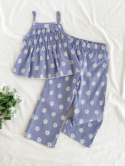 Vintaside Kids Set de 2 piezas con top sin mangas con estampado de cuadros y flores y pantalones a juego, estilo ajustado adecuado para salidas, uso casual, deportes, fiestas para niñas jóvenes
