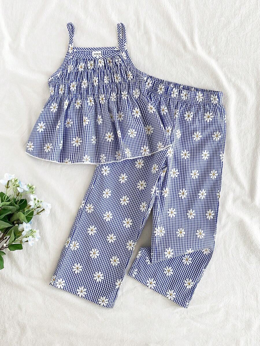 Vintaside Kids 两件套女童格纹碎花印花无袖上衣和配套长裤，修身款式，适合外出、休闲、运动、派对等场合。 - 彩色 - 查看 1