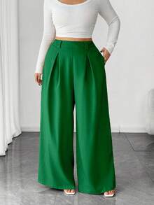 Elenzga Pantalones para mujer de talla grande, unicolor albaricoque, estilo elegante, de moda para ir al trabajo y la oficina - Verde - Ver 3