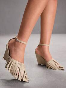 CUCCOO SZL Giày sandal cao gót đế xuồng thời trang thanh lịch dành cho nữ, có tua rua, thích hợp cho việc đi làm. - Màu be - Xem 9