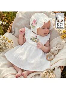 Loomiva Newborn Baby Girl Floral Print Square Neck Ruffle Trim Waist Dress,Kids - Multicolor - View 2