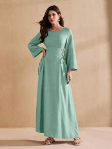 Graceveil Đầm Abaya cổ tròn, màu trơn, có dây rút - màu xanh lá - Xem 6