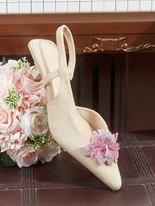 CUCCOO HITCHD 女士高跟鞋，优雅尖头设计，粉色水晶花卉装饰，卡其色绒面革，适合婚礼新娘、伴娘、派对宾客穿着 - 卡其色 - 查看 6