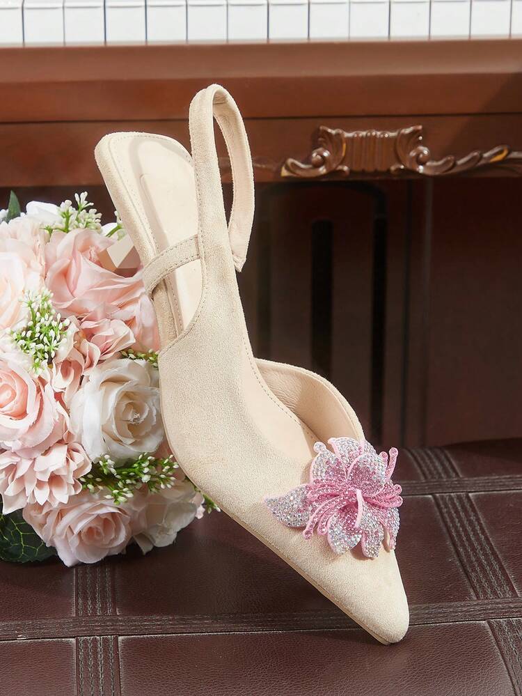 CUCCOO HITCHD Women's High Heel Pumps, Elegant & Graceful Pointed Toe, Pink Crystal Floral Decor, Khaki Suede, Suitable For Wedding Bride, Bridesmaid, Party Guest