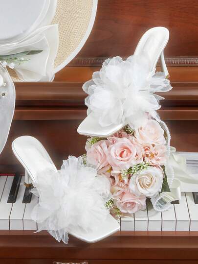 CUCCOO HITCHD Women Shoes Spring And Summer New Mesh Flower Decoration Square Head Stiletto 8.2cm Women's High Heel Single Shoes Elegant White Dating Wedding Women's High Heel Sandals Wedding Shoes Spring Shoes Bride Shoes