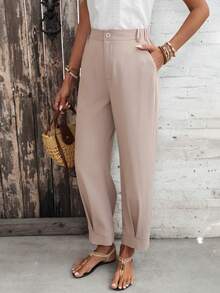 EMERY ROSE 女士休闲褶裥纽扣口袋裤，日常百搭 - 卡其色 - 查看 8