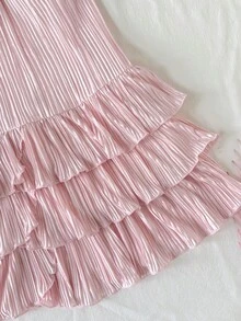 SHEIN 少女纯色褶皱时尚派对吊带连衣裙 - 粉色 - 查看 4