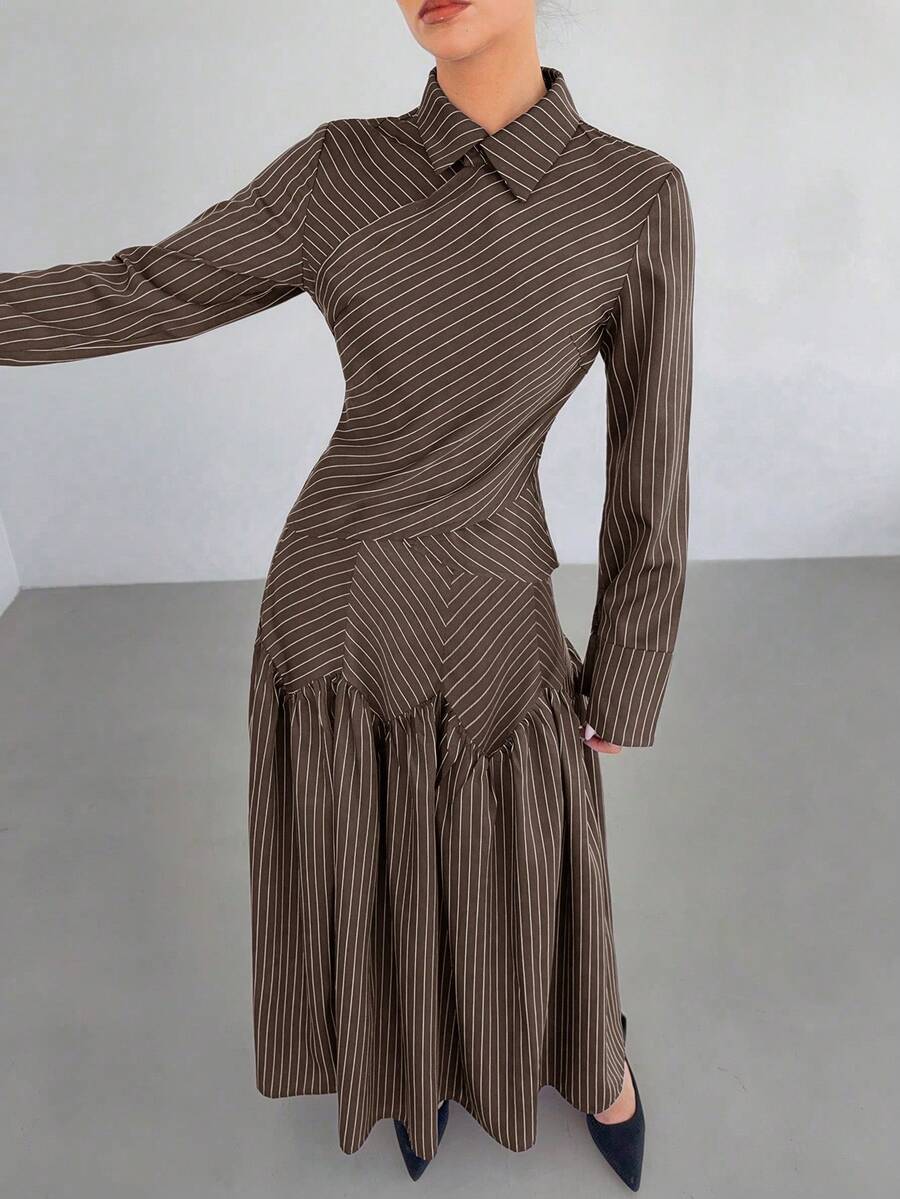 Siren Gaze Autumn/Winter New Striped Office Shirt And Midi Skirt Set For Women - Brown - View 1