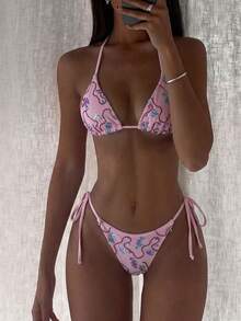 Costavie 两件套彩色亮片特殊面料三角罩杯文胸和侧系带泳裤性感比基尼套装，春夏女士泳装套装亮片比基尼泳衣套装粉色系带比基尼套装女士两件套泳衣亮片比基尼套装闪亮比基尼女士比基尼套装女士泳衣全包覆式女士泳衣套装女士夏季两件套 - 粉色 - 查看 1