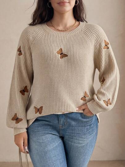 Juhart Women Plus Plain Knitted Butterfly Embroidery Long Sleeve Elegant Pullover Sweater, Autumn Winter Sweater Fall