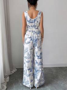 Elenzga Women's Deep V-Neck Botanical Print Sleeveless Wide Leg Jumpsuit - Blue - View 2