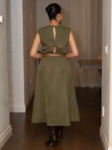 Melissa Matos Women's Solid Color Sleeveless Dress (With Belt), Back To School Season, Olive Dress - Army Green - View 2