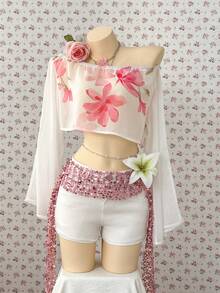 SuriyaCove Women's Vacation Beach Floral Print Cropped Top - Beige - View 1