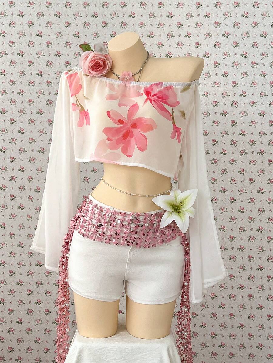 SuriyaCove Women's Vacation Beach Floral Print Cropped Top - Beige - View 1