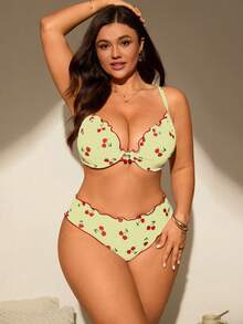 Swim Mod Plus Size Women 2pcs/Set Random Print Padded Tankini Swimwear Set - Light Yellow - View 6