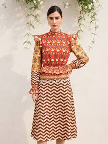 LOTSLUV 女士春夏橙色印花上衣，立领设计，袖口和下摆饰有荷叶边，腰部收紧设计 - 亮橙色 - 查看 5