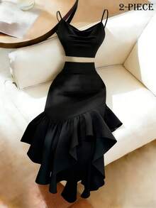 Rafferiza 黑色荷叶边下摆优雅吊带背心搭配黑色荷叶边下摆半裙，两件套鸡尾酒会服装 - 黑色 - 查看 5