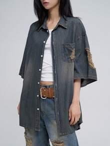 DAZY 女士单排扣做旧休闲百搭日常牛仔衬衫 - 藍色 - 查看 5
