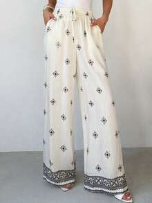 Firerie 女士优雅复古印花阔腿裤，适合度假穿着 - 黑與白 - 查看 7