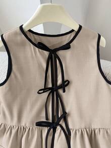 SHEIN 少女蝴蝶装饰撞色滚边休闲无袖衬衫和阔腿裤两件套 - 卡其色 - 查看 6