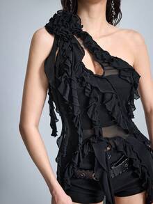 ROMWE Goth Áo hai dây phối lưới tối màu, xếp nếp, vạt bất đối xứng. - màu đen - Xem 2