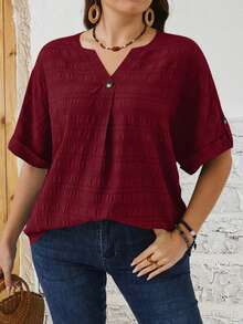 EMERY ROSE 大码女式夏季纯色 V 领短袖宽松休闲衬衫 - 紅色 - 查看 6