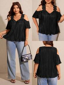 Elaquor 大码女式露肩短袖褶皱黑色衬衫 - 黑色 - 查看 4