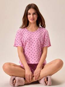 Loomlin Bộ đồ ngủ nữ 2 món bằng cotton, dệt kim gân, màu hồng phối tương phản, họa tiết trái tim, cổ tròn, tay ngắn, áo và quần short, thoải mái, mặc nhà. - Hồng - Xem 6