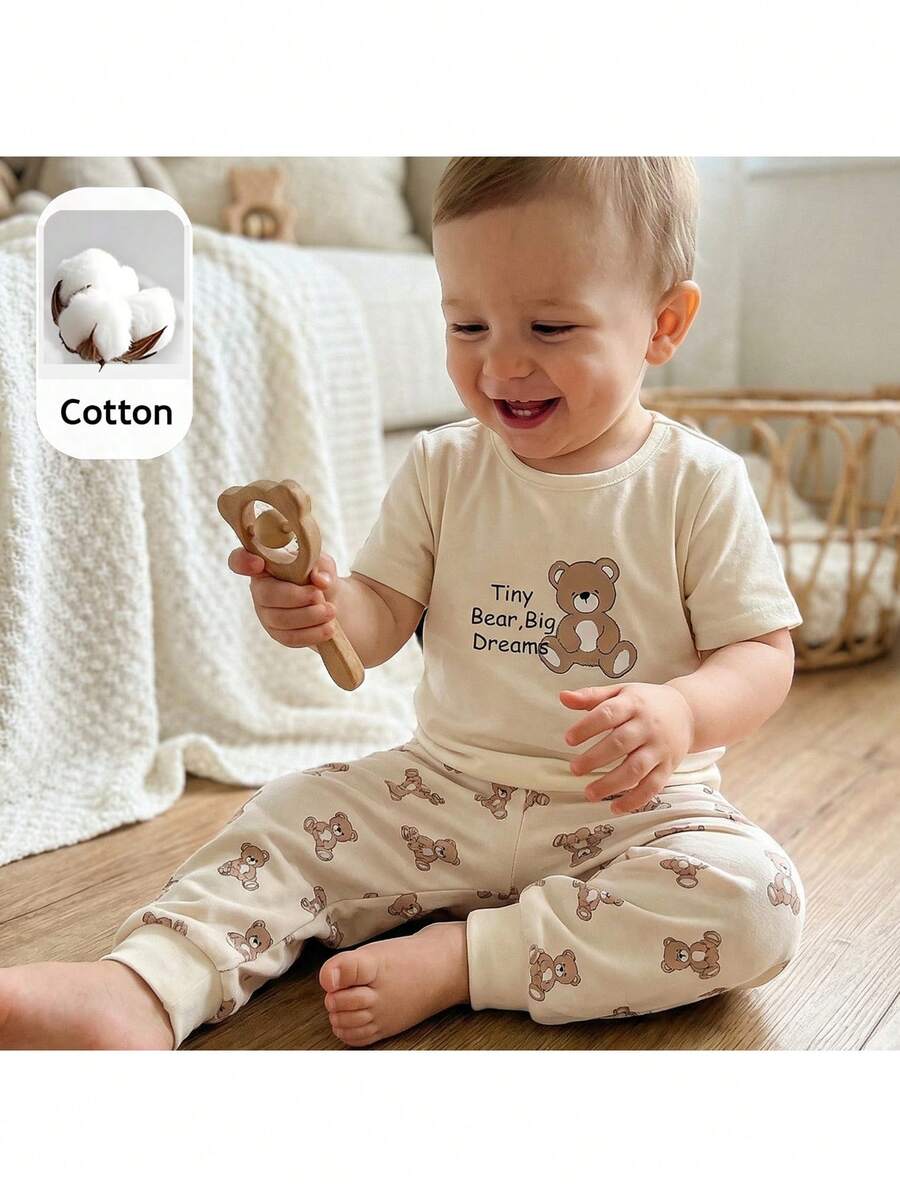 Loomiva 2pcs Baby Boy Cartoon Bear Pattern Knit Soft Round Neck Short Sleeve Top And Elastic Waist Pants Set - White - View 1