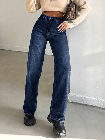 SHEIN High Waist Straight Leg Denim Woman's Casual Style Button Front Jean Dark Blue Washed Plus Size Elastic Waistband