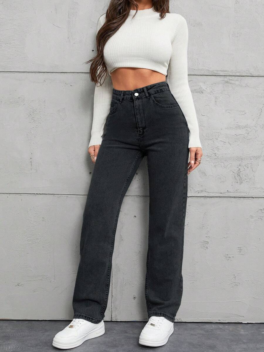 SHEIN Women's Casual Everyday Pockets Button Jeans - Medium Wash - View 1