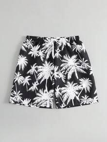 SHEIN 一件青少年男童黑白棕榈树印花泳衣，松紧腰带配抽绳，梭织面料，时尚休闲，适合游泳、夏季度假、海滩、泳池派对 - 黑與白 - 查看 7