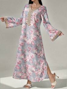Al Najma 女士花卉印花钩编拼接长袖连衣裙，优雅端庄的A字型卡夫坦长袍，适合晚宴/婚礼宾客/周年纪念/日常穿着 - 淺藍色 - 查看 5