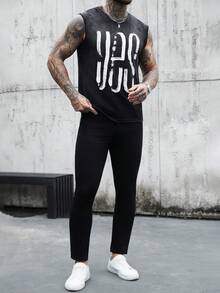 Manfinity Homme Men's Street Style Letter Print Distressed Texture Jacquard Crew Neck Sleeveless Fashion Tank Top - Black - View 5