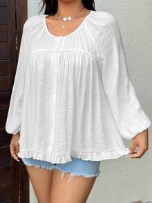 Sunnyshic Plus Size Women's Solid Color Round Neck Pleated Single-Breasted Casual Versatile Daily Wear Shirt - White - View 3
