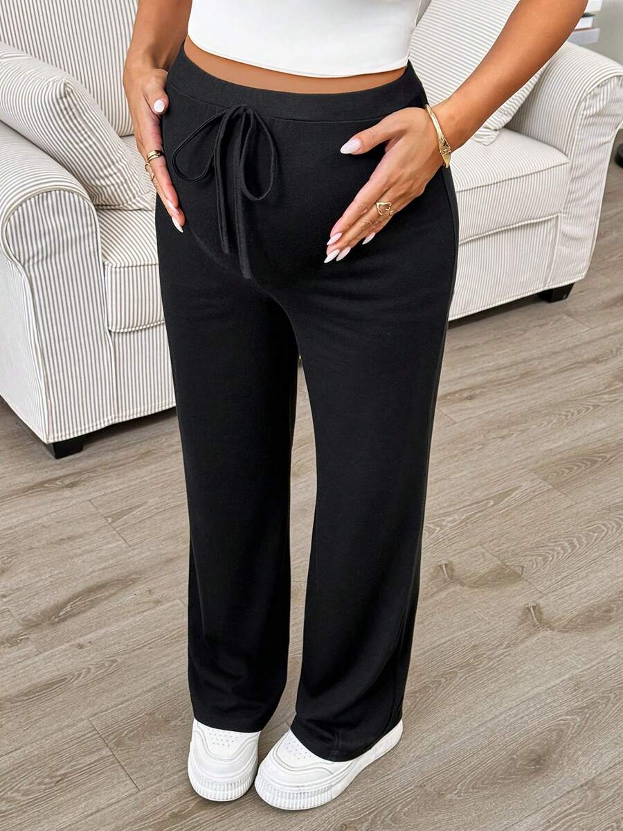 SHEIN Maternity Solid Color Adjustable Waist Loose Straight Pants - Black - View 1
