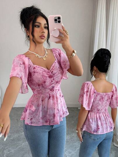 Elenzga Elegant Women's Butterfly Print Batwing Sleeve Pleated Sweet French Style Blouse, Fashion Versatile, Graceful And Exquisite. Suitable For Various Occasions, From Formal Work Attire And Commuting, To Sexy Outfits, Romantic French Style, Casual Outings, Vacations, Middle Eastern Retro Themed Events, Cozy Afternoon Tea Gatherings, Charming Parties, As Well As New Year, Thanksgiving And Christmas, Valentine's Day And Other Holiday Celebrations, Spring/Summer