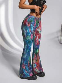 Jeanoix Quần jeans ống loe nữ họa tiết graffiti có túi, kiểu dáng thường ngày. - Nhiều màu - Xem 3