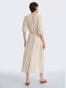 Aalyst Robe en coton Tencel col en U avec col cravate, taille avec lien, poches latérales, fente dans le dos, coupe ample, élégante, romantique, vintage, bureau, décontractée, plage, polyvalente, nouvelle arrivée printemps/été - Nude - Voir 3