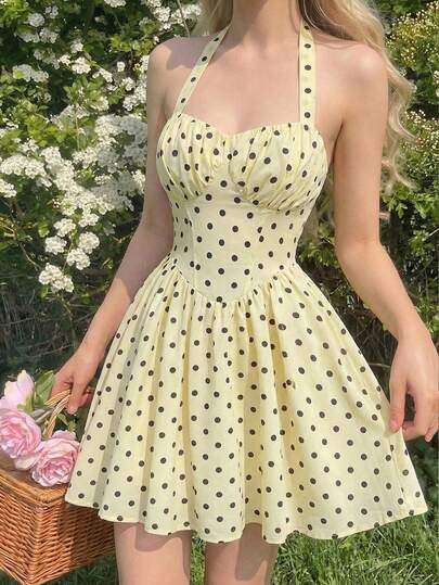 SHEIN MOD 浅黄色波点印花无袖吊带连衣裙