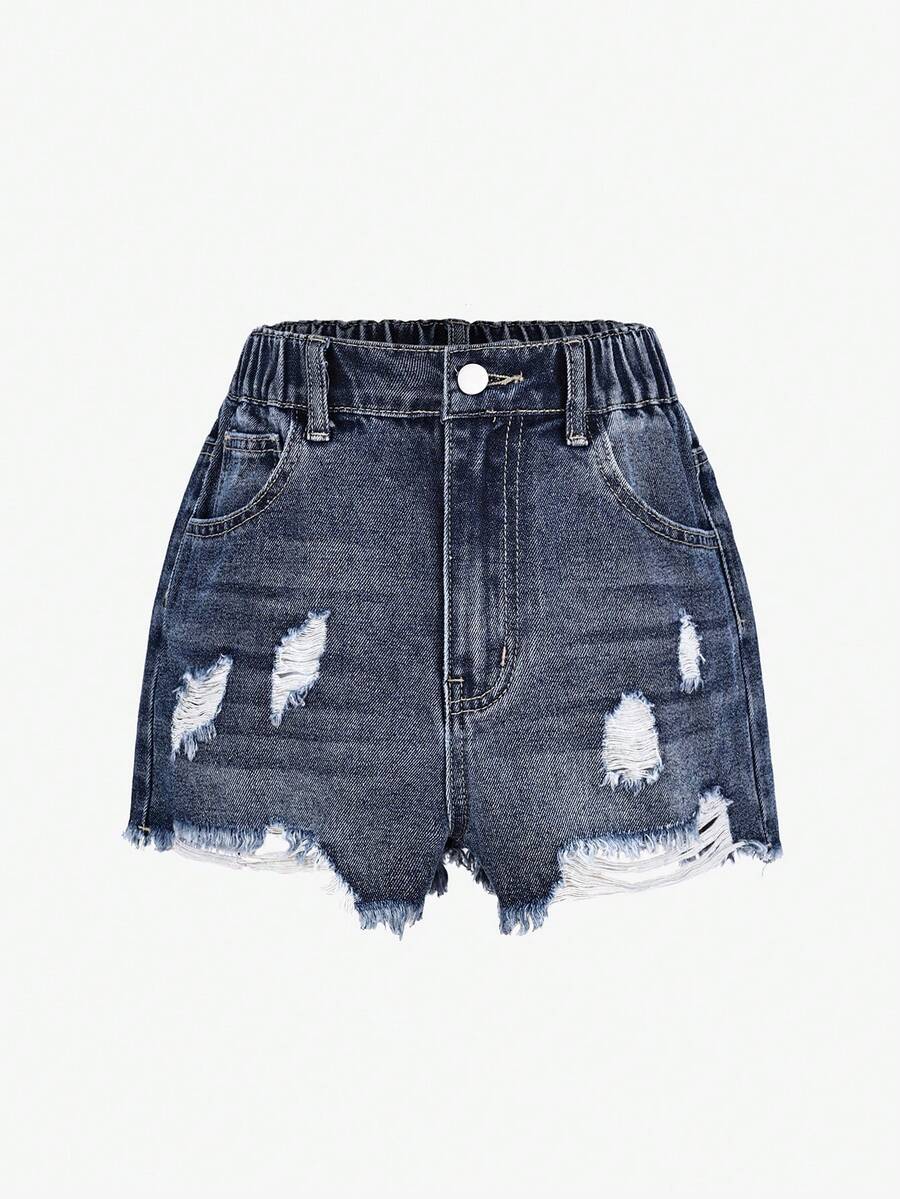 Y2K Fashion Medium Wash Denim Tween Girls Distressed Casual Shorts - Medium Wash - View 1