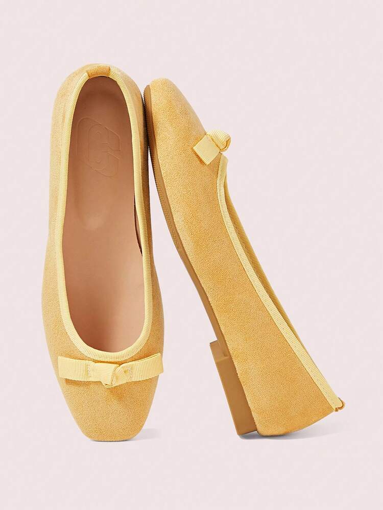 CUCCOO DOLLMOD Ladies Yellow Suede Square Toe Bow Low Vamp Flat Sole Shoes, Daily Versatile Cute Women's Shoes