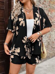 Breezaya Bộ áo sơ mi và quần short in hoa cỡ lớn, trang phục thường ngày cho kỳ nghỉ. - màu đen - Xem 4