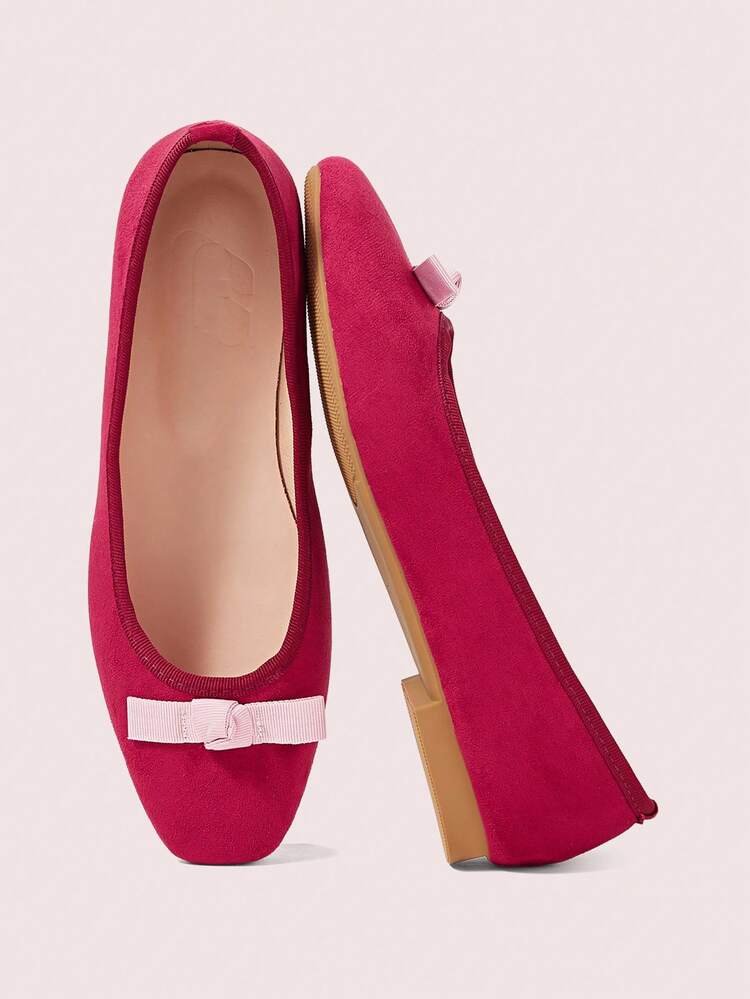 CUCCOO DOLLMOD Ladies Burgundy Suede Square Toe Bow Low Vamp Flat-Soled Shoes, Daily Versatile Cute Women's Shoes