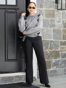 Melissa Matos 女士秋季宽松针织毛衣，翻领，菱形图案 - 灰色 - 查看 1